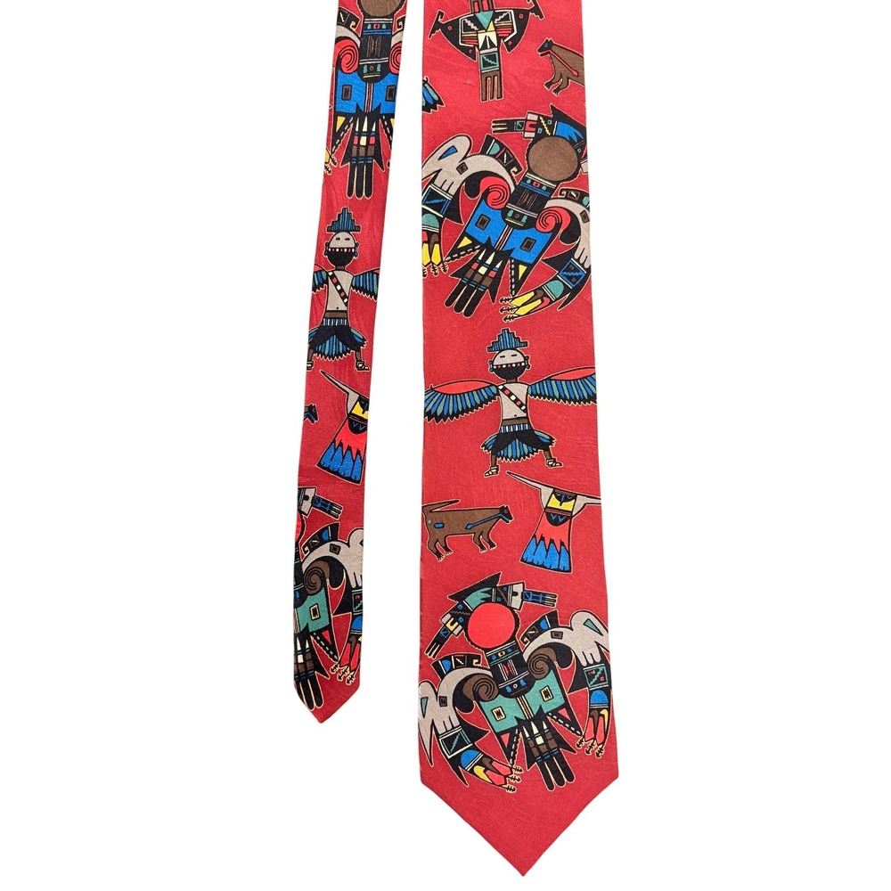 Ralph Marlin Thunderbirds Silk Tie Red Southwest Kachina Totem Vintage 1994 USA